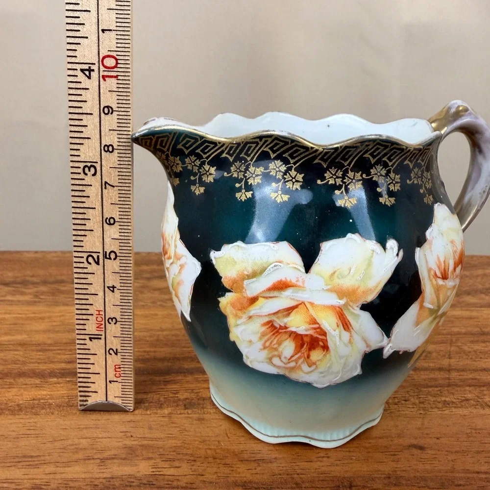 Z.S. & Co Bavaria Antique Hand Painted Creamer Teal Gold Gilt Roses German China